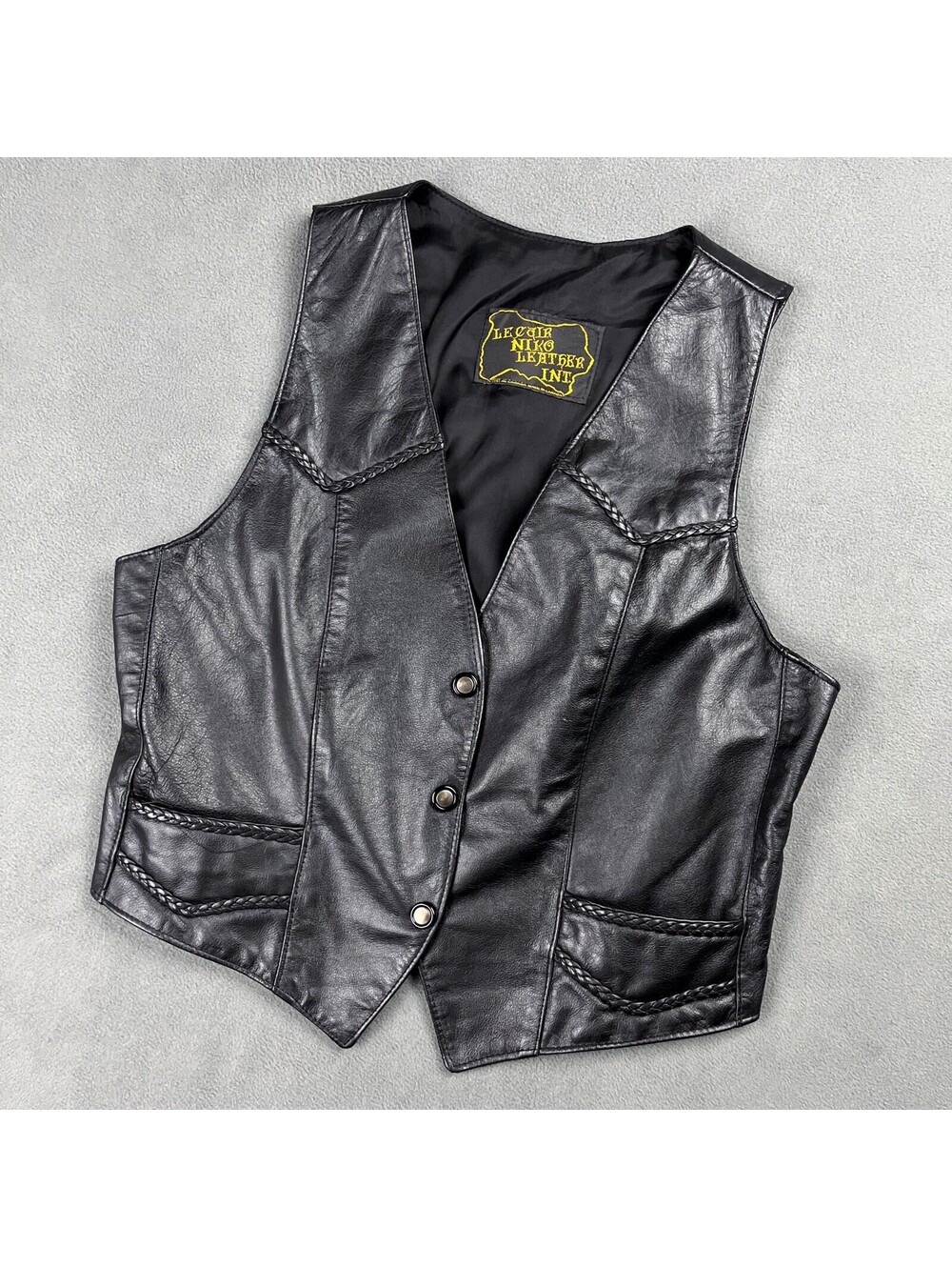 Vintage Black Leather Vest with Braided Trim